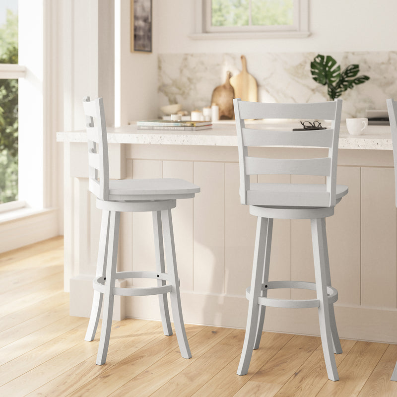Therus 30" Antique White Wash Classic Wooden Ladderback Swivel Bar Height Stool with Solid Wood Seat and Footrest