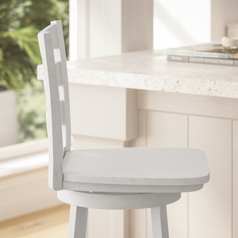 Therus 30" Gray Wash Walnut Classic Wooden Ladderback Swivel Bar Height Stool with Solid Wood Seat and Footrest