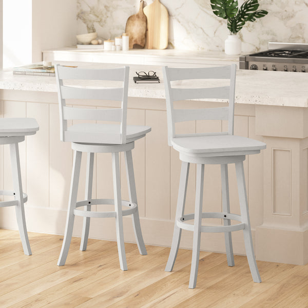 Therus 30" Antique White Wash Classic Wooden Ladderback Swivel Bar Height Stool with Solid Wood Seat and Footrest