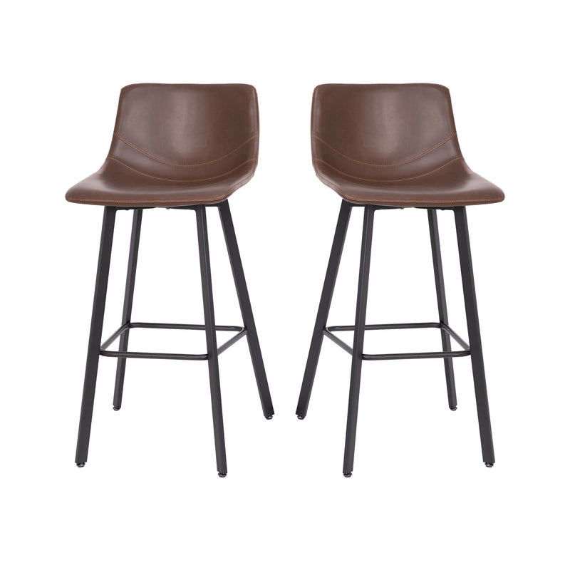 Oretha Set of 2 Modern Chocolate Brown Faux Leather Upholstered Bar Stools with Contoured, Low Back Bucket Seats and Iron Frames