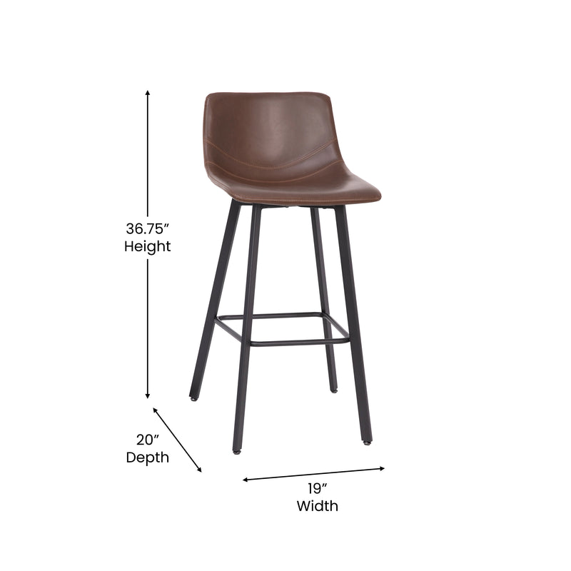 Oretha Set of 2 Modern Chocolate Brown Faux Leather Upholstered Bar Stools with Contoured, Low Back Bucket Seats and Iron Frames