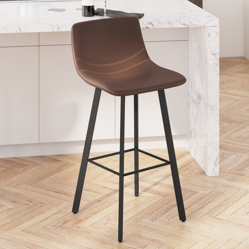 Oretha Set of 2 Modern Chocolate Brown Faux Leather Upholstered Bar Stools with Contoured, Low Back Bucket Seats and Iron Frames
