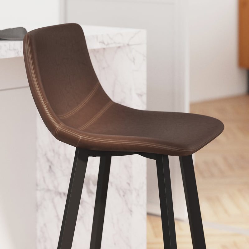 Oretha Set of 2 Modern Chocolate Brown Faux Leather Upholstered Bar Stools with Contoured, Low Back Bucket Seats and Iron Frames