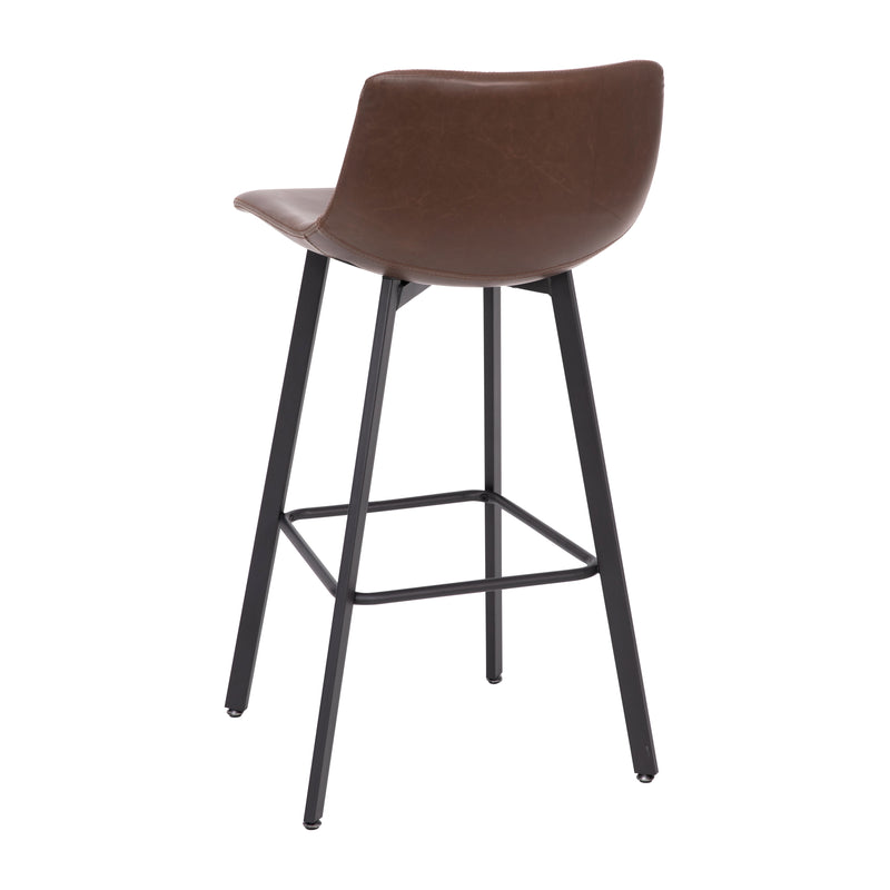 Oretha Set of 2 Modern Chocolate Brown Faux Leather Upholstered Bar Stools with Contoured, Low Back Bucket Seats and Iron Frames