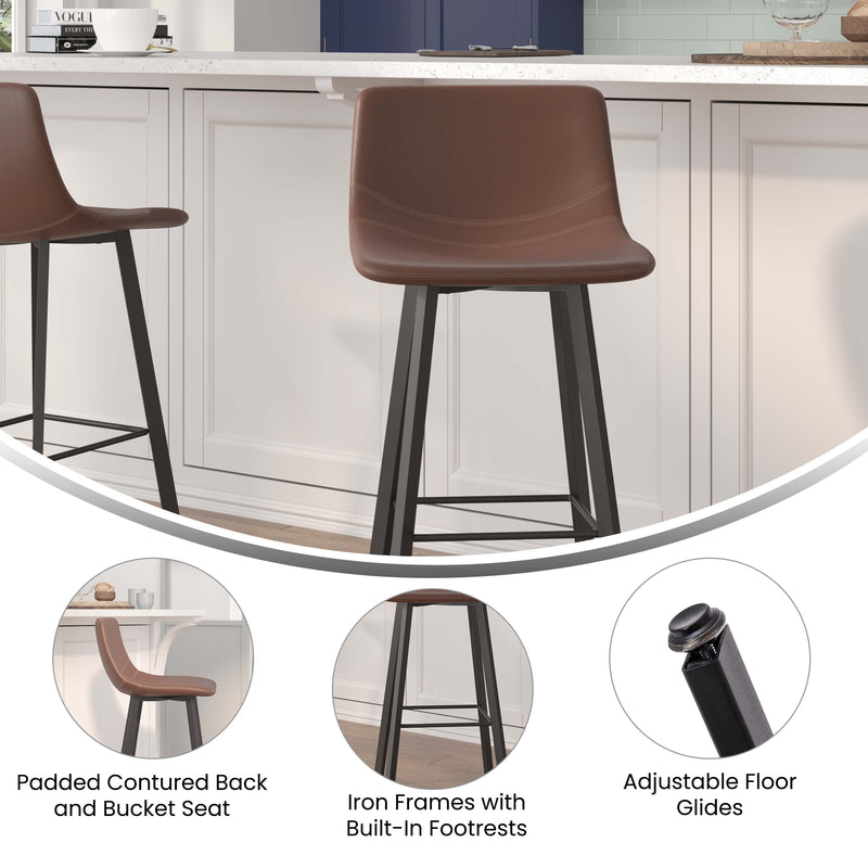Oretha Set of 2 Modern Chocolate Brown Faux Leather Upholstered Bar Stools with Contoured, Low Back Bucket Seats and Iron Frames