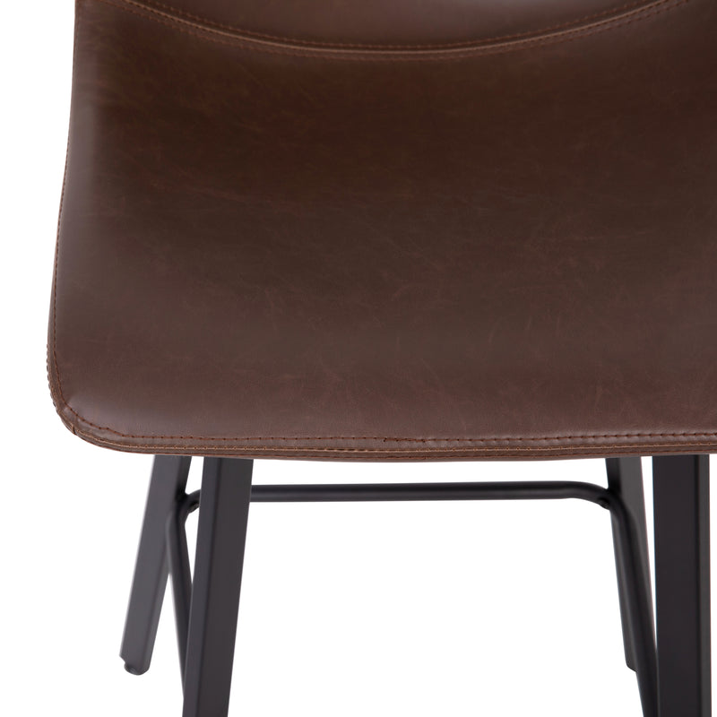 Oretha Set of 2 Modern Chocolate Brown Faux Leather Upholstered Bar Stools with Contoured, Low Back Bucket Seats and Iron Frames