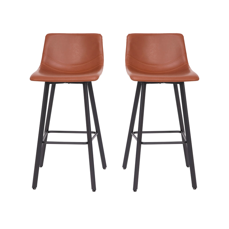 Oretha Set of 2 Modern Cognac Faux Leather Upholstered Bar Stools with Contoured, Low Back Bucket Seats and Iron Frames