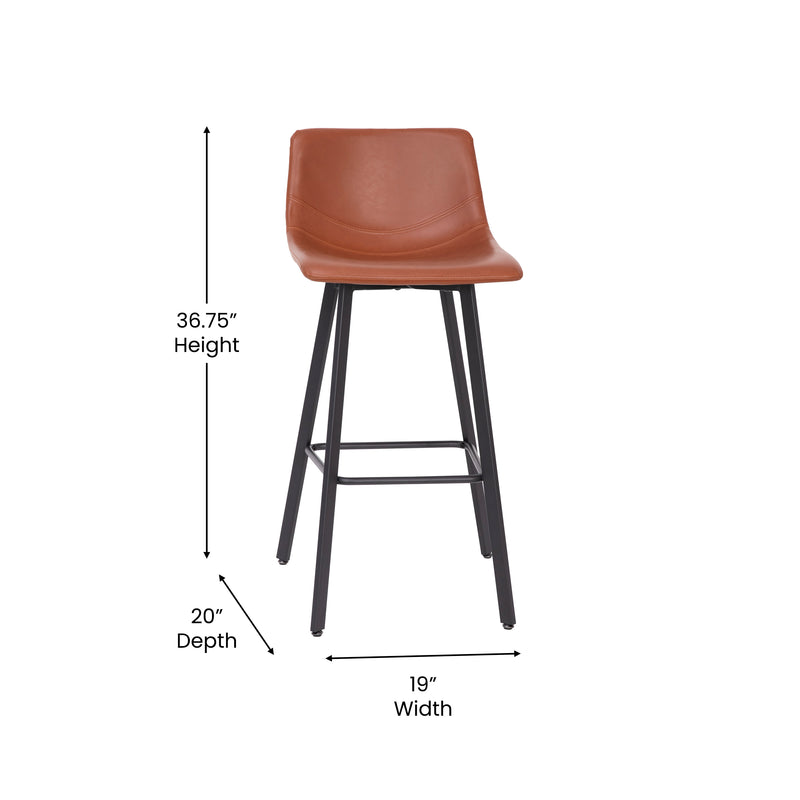 Oretha Set of 2 Modern Cognac Faux Leather Upholstered Bar Stools with Contoured, Low Back Bucket Seats and Iron Frames