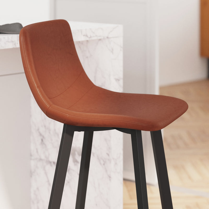 Oretha Set of 2 Modern Cognac Faux Leather Upholstered Bar Stools with Contoured, Low Back Bucket Seats and Iron Frames