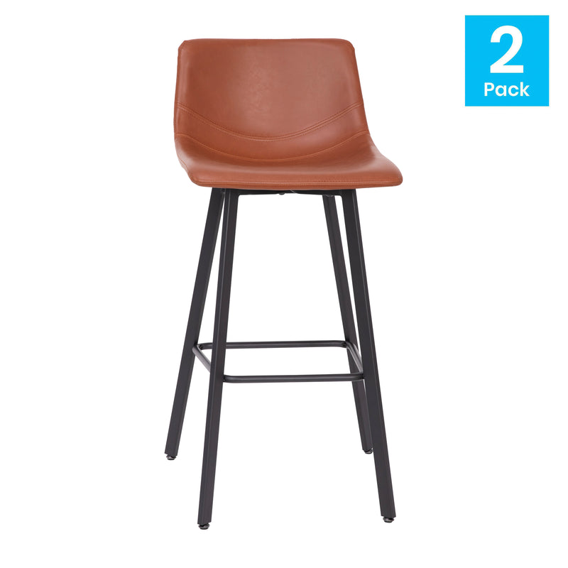 Oretha Set of 2 Modern Cognac Faux Leather Upholstered Bar Stools with Contoured, Low Back Bucket Seats and Iron Frames