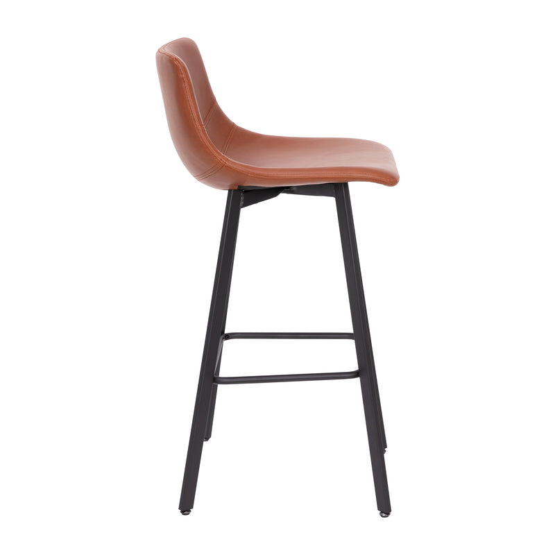 Oretha Set of 2 Modern Cognac Faux Leather Upholstered Bar Stools with Contoured, Low Back Bucket Seats and Iron Frames