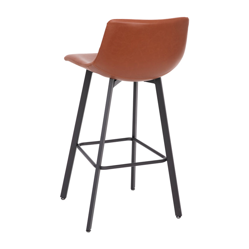 Oretha Set of 2 Modern Cognac Faux Leather Upholstered Bar Stools with Contoured, Low Back Bucket Seats and Iron Frames