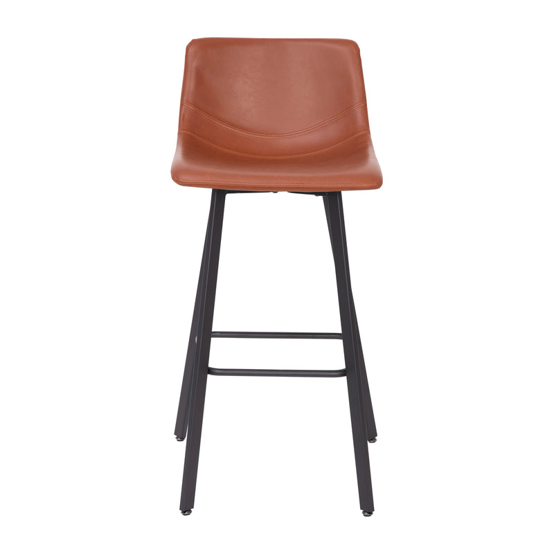 Oretha Set of 2 Modern Cognac Faux Leather Upholstered Bar Stools with Contoured, Low Back Bucket Seats and Iron Frames