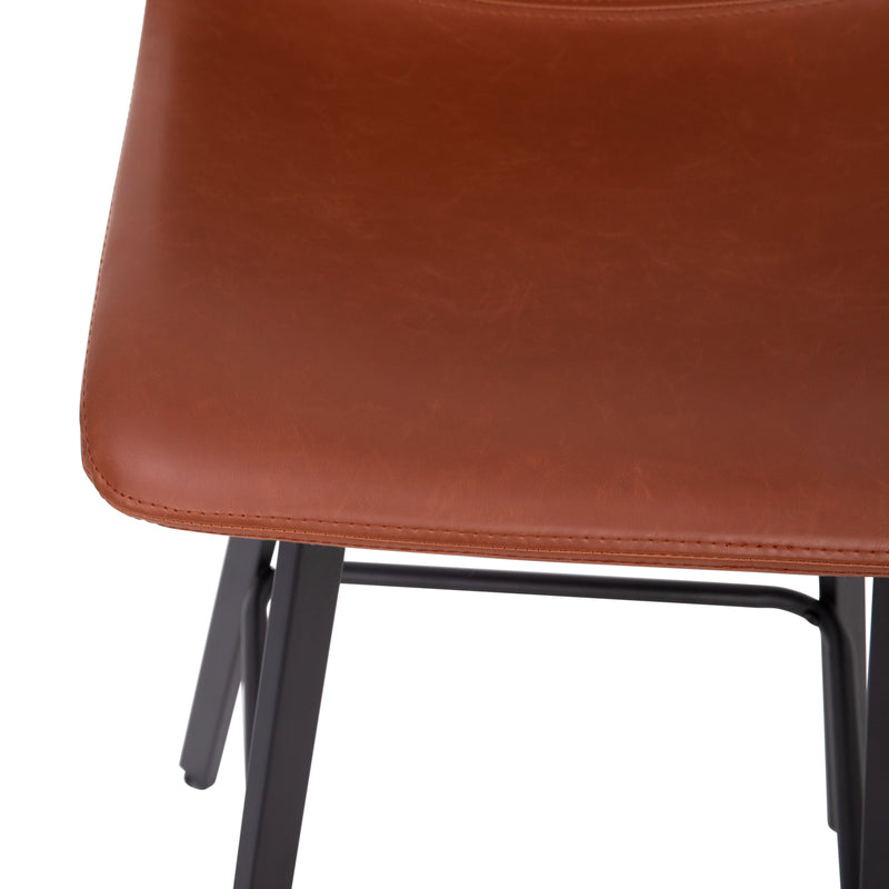 Oretha Set of 2 Modern Cognac Faux Leather Upholstered Bar Stools with Contoured, Low Back Bucket Seats and Iron Frames
