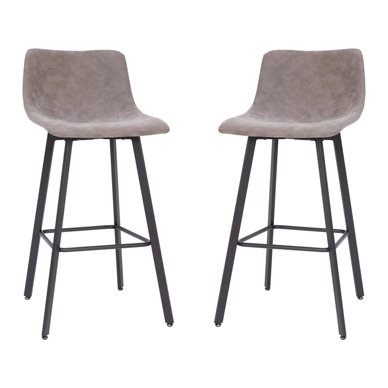Oretha Set of 2 Modern Gray Faux Leather Upholstered Bar Stools with Contoured, Low Back Bucket Seats and Iron Frames