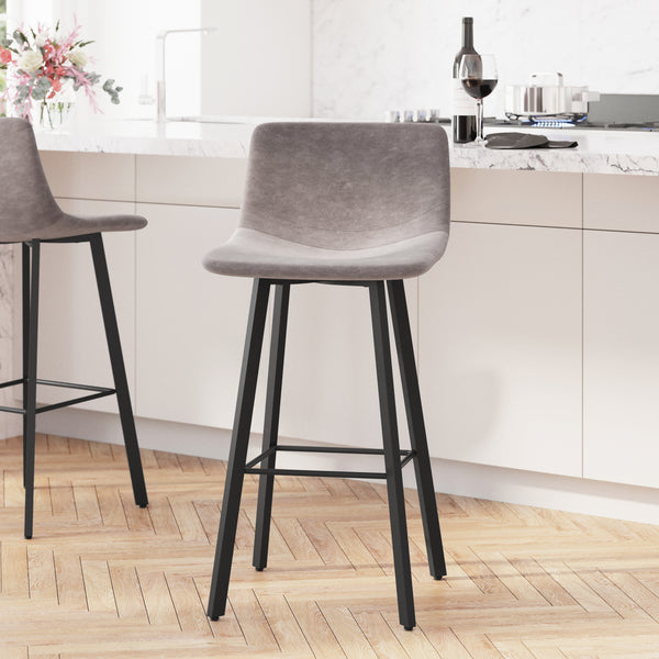 Oretha Set of 2 Modern Gray Faux Leather Upholstered Bar Stools with Contoured, Low Back Bucket Seats and Iron Frames