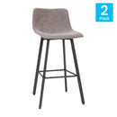 Oretha Set of 2 Modern Gray Faux Leather Upholstered Bar Stools with Contoured, Low Back Bucket Seats and Iron Frames
