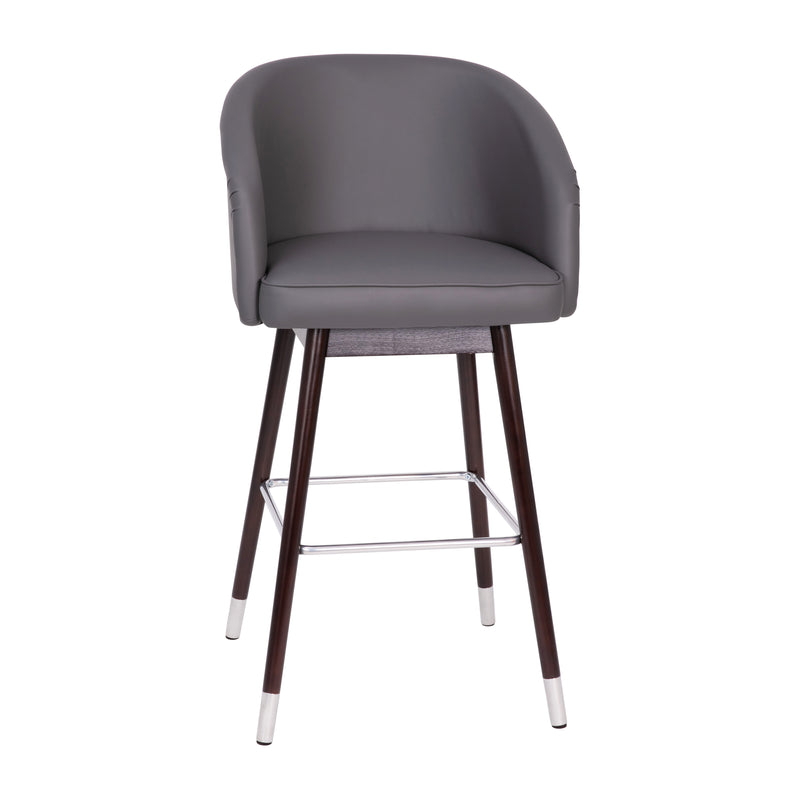 Temperance Modern Walnut Finish Wood Frame Bar Height Stool with Soft Bronze Accents, Gray Faux Leather
