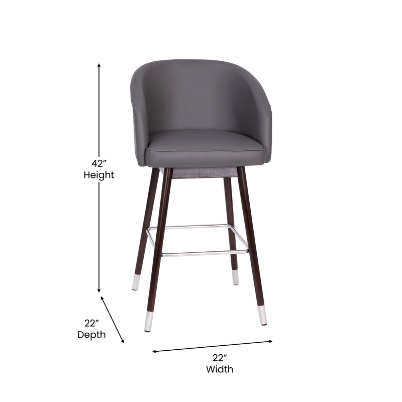 Temperance Modern Walnut Finish Wood Frame Bar Height Stool with Soft Bronze Accents, Gray Faux Leather
