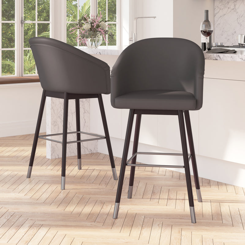 Temperance Modern Walnut Finish Wood Frame Bar Height Stool with Soft Bronze Accents, Gray Faux Leather