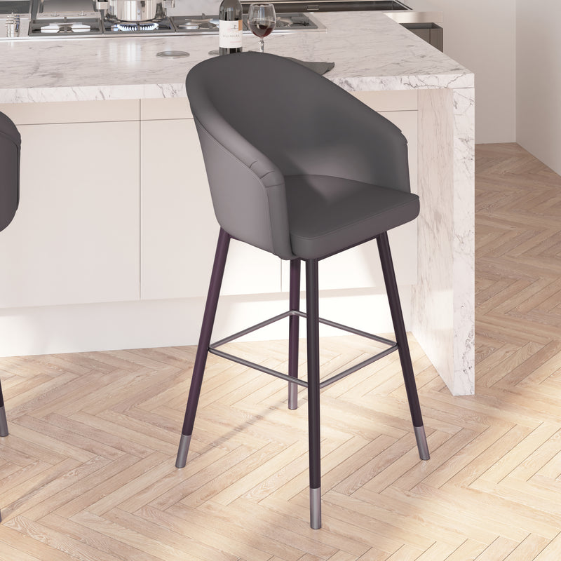 Temperance Modern Walnut Finish Wood Frame Bar Height Stool with Soft Bronze Accents, Gray Faux Leather
