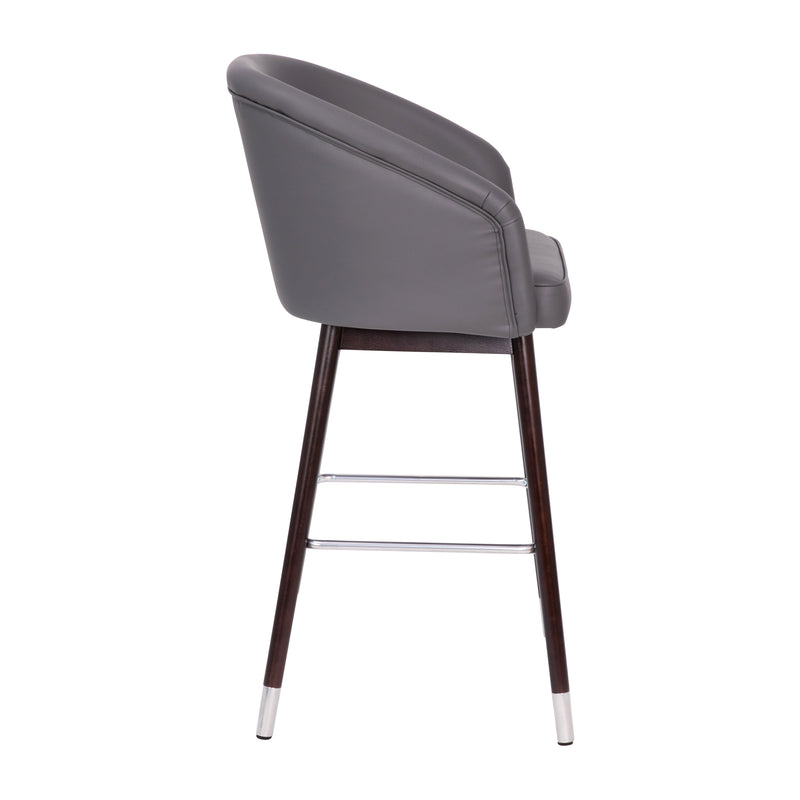 Temperance Modern Walnut Finish Wood Frame Bar Height Stool with Soft Bronze Accents, Gray Faux Leather