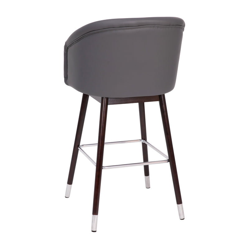 Temperance Modern Walnut Finish Wood Frame Bar Height Stool with Soft Bronze Accents, Gray Faux Leather