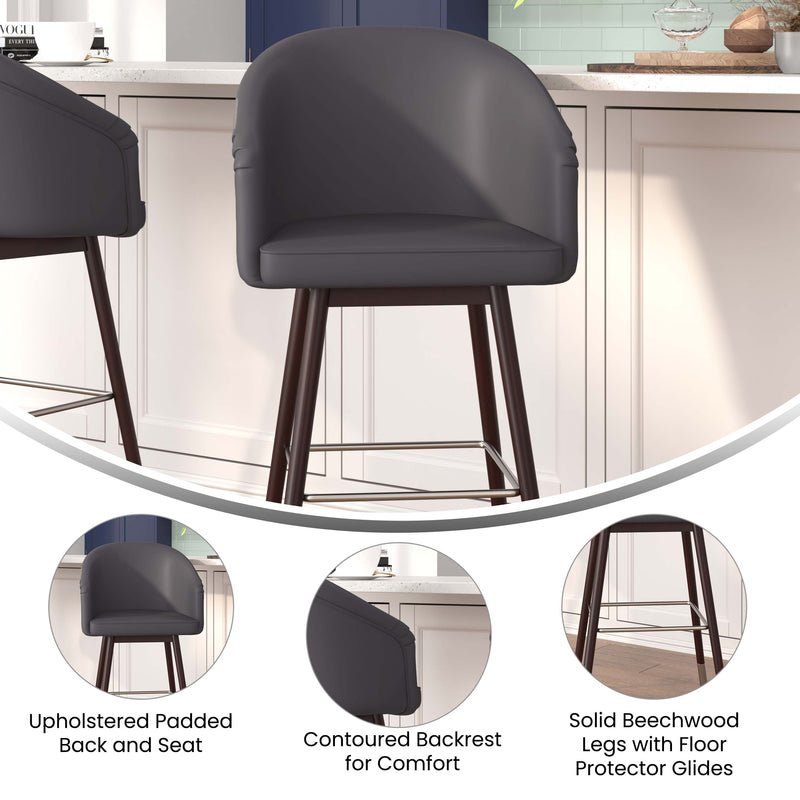 Temperance Modern Walnut Finish Wood Frame Bar Height Stool with Soft Bronze Accents, Gray Faux Leather