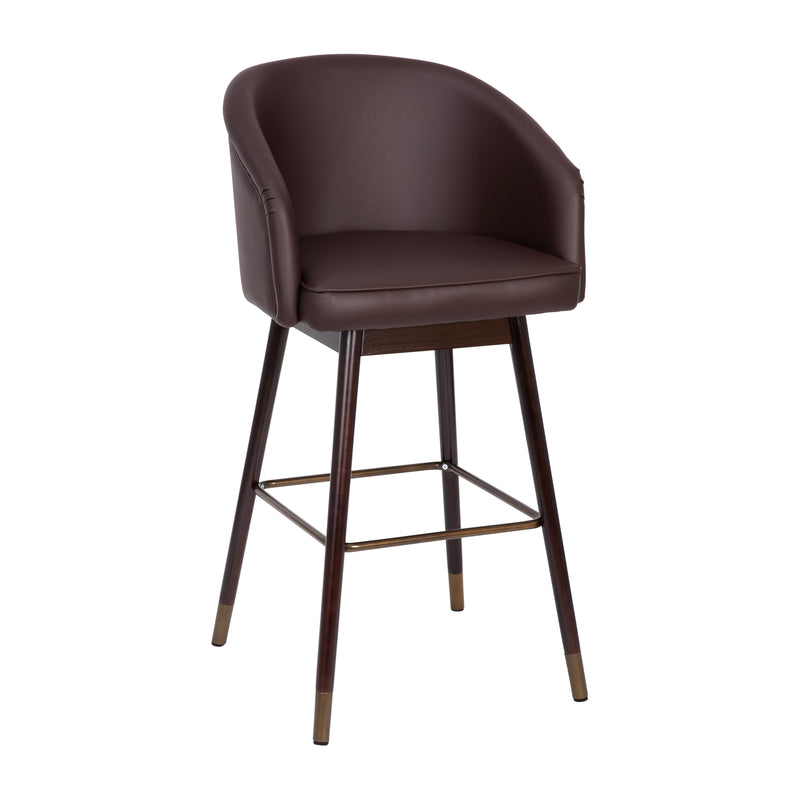 Temperance Modern Walnut Finish Wood Frame Bar Height Stool with Soft Bronze Accents, Brown Faux Leather