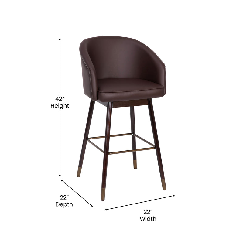 Temperance Modern Walnut Finish Wood Frame Bar Height Stool with Soft Bronze Accents, Brown Faux Leather