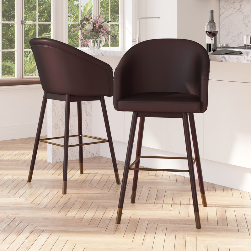 Temperance Modern Walnut Finish Wood Frame Bar Height Stool with Soft Bronze Accents, Brown Faux Leather