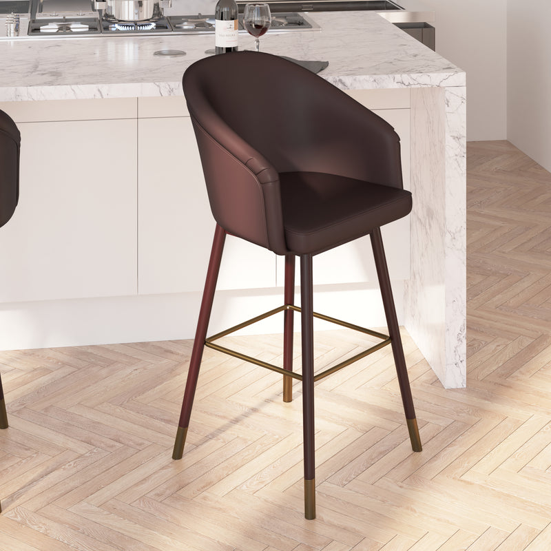 Temperance Modern Walnut Finish Wood Frame Bar Height Stool with Soft Bronze Accents, Brown Faux Leather