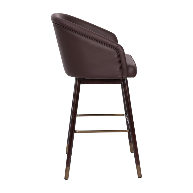 Temperance Modern Walnut Finish Wood Frame Bar Height Stool with Soft Bronze Accents, Brown Faux Leather