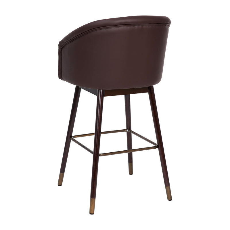 Temperance Modern Walnut Finish Wood Frame Bar Height Stool with Soft Bronze Accents, Brown Faux Leather
