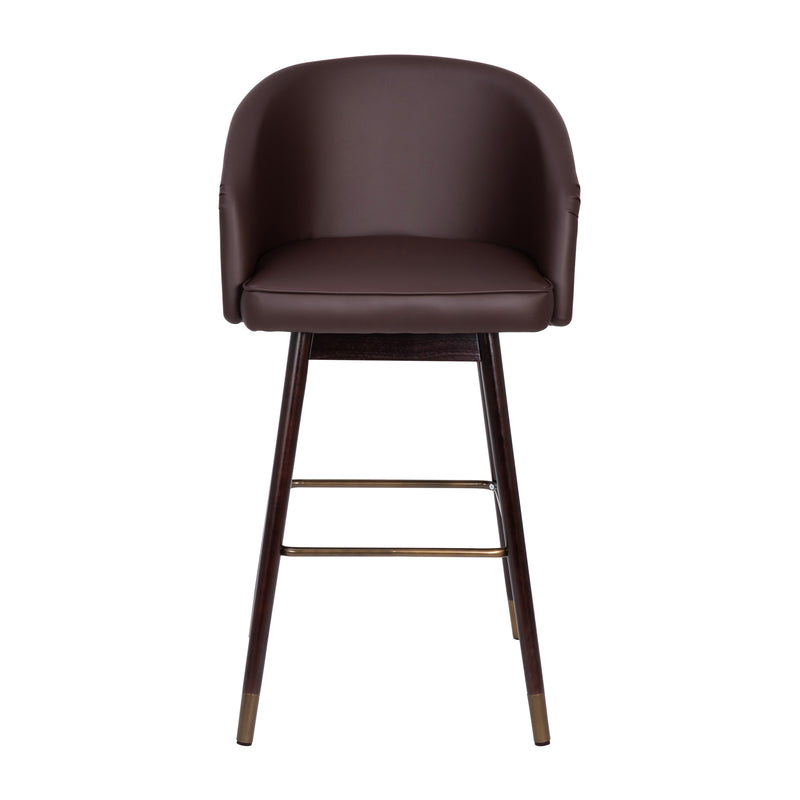 Temperance Modern Walnut Finish Wood Frame Bar Height Stool with Soft Bronze Accents, Brown Faux Leather