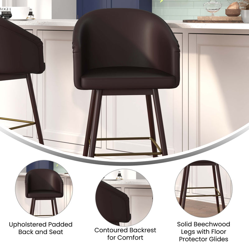 Temperance Modern Walnut Finish Wood Frame Bar Height Stool with Soft Bronze Accents, Brown Faux Leather