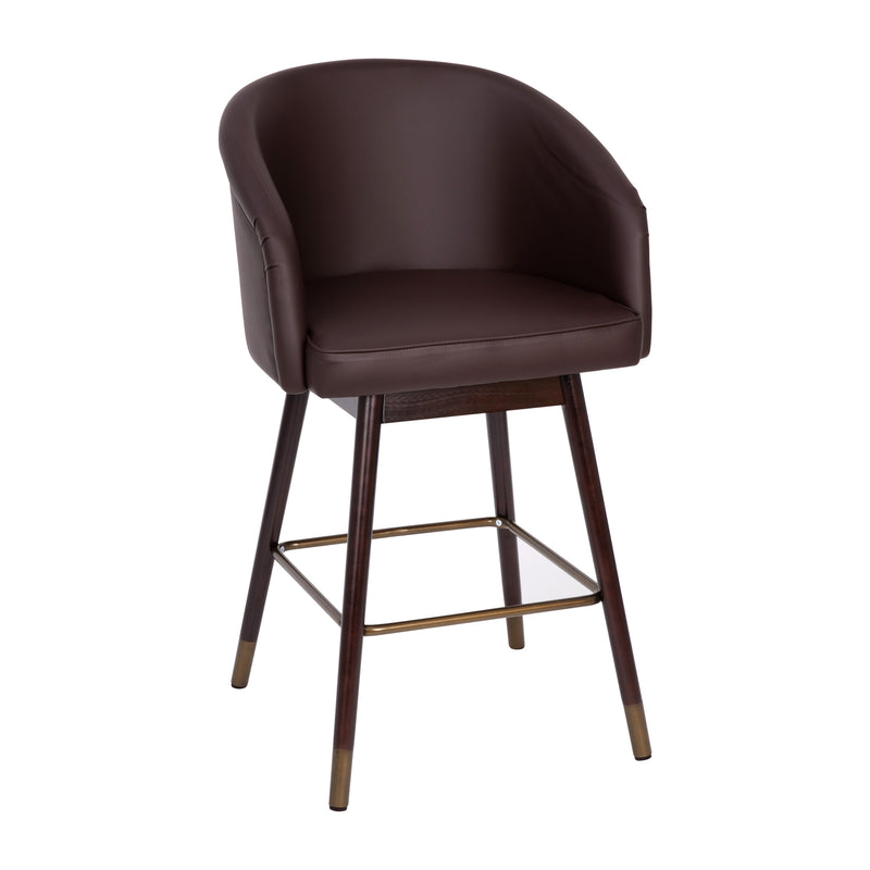 Temperance Modern Walnut Finish Wood Frame Counter Height Stool with Soft Bronze Accents, Brown Faux Leather