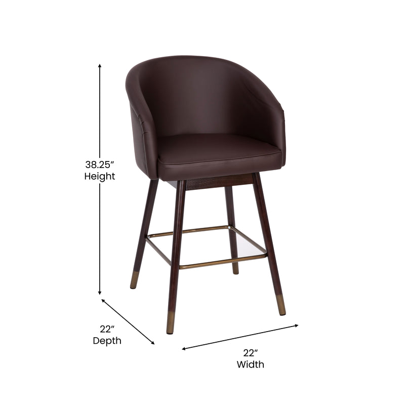 Temperance Modern Walnut Finish Wood Frame Counter Height Stool with Soft Bronze Accents, Brown Faux Leather