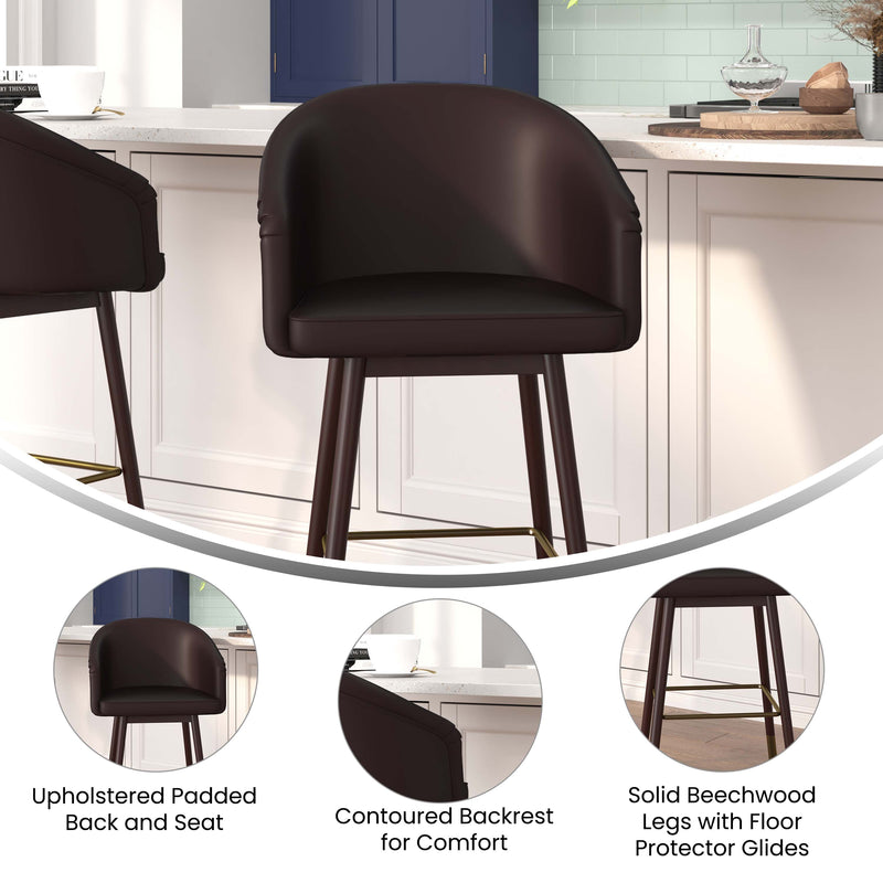 Temperance Modern Walnut Finish Wood Frame Counter Height Stool with Soft Bronze Accents, Brown Faux Leather