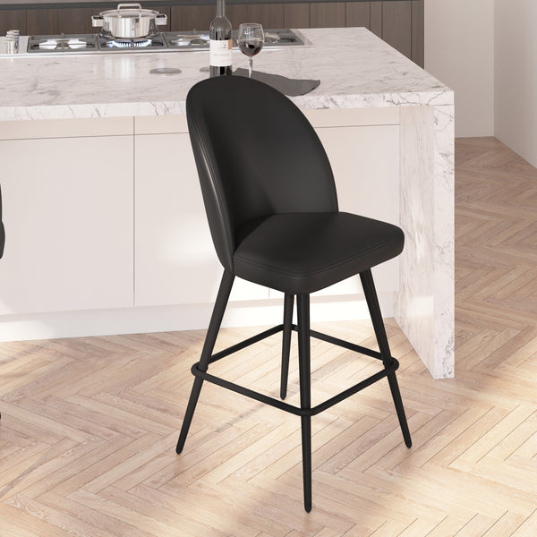 Teague Set of 2 Modern Armless Counter Stools with Contoured Backs, Steel Frames, and Integrated Footrests in Black Faux Leather