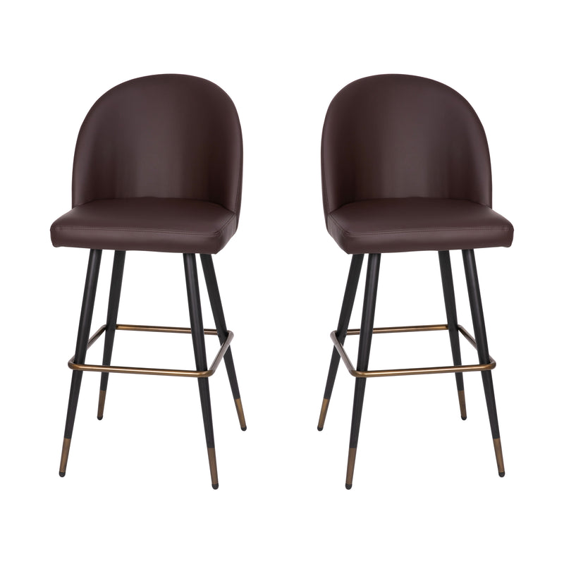 Teague Set of 2 Modern Armless Barstools with Contoured Backs, Steel Frames, and Integrated Footrests in Brown Faux Leather