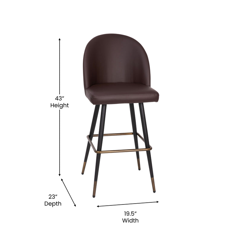 Teague Set of 2 Modern Armless Barstools with Contoured Backs, Steel Frames, and Integrated Footrests in Brown Faux Leather