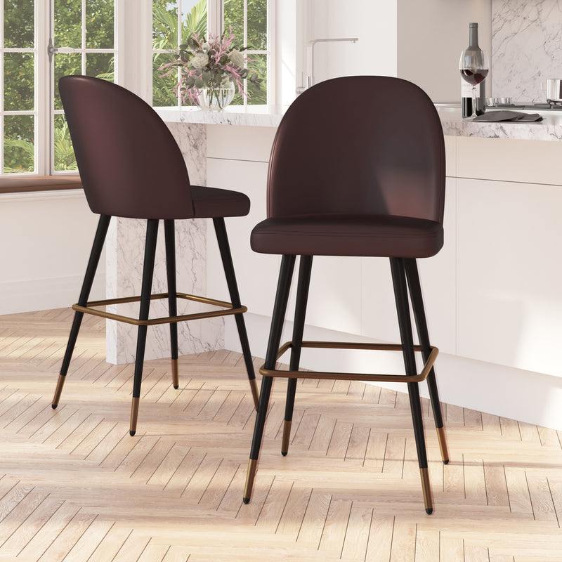 Teague Set of 2 Modern Armless Barstools with Contoured Backs, Steel Frames, and Integrated Footrests in Brown Faux Leather