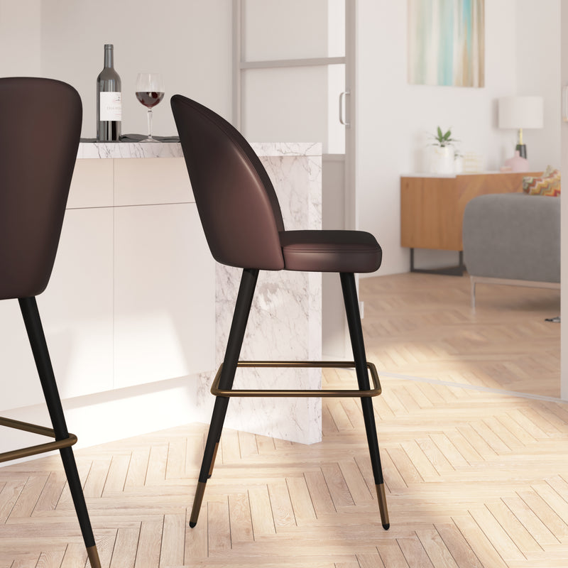 Teague Set of 2 Modern Armless Barstools with Contoured Backs, Steel Frames, and Integrated Footrests in Brown Faux Leather
