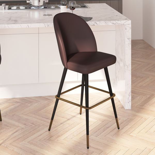 Teague Set of 2 Modern Armless Barstools with Contoured Backs, Steel Frames, and Integrated Footrests in Brown Faux Leather