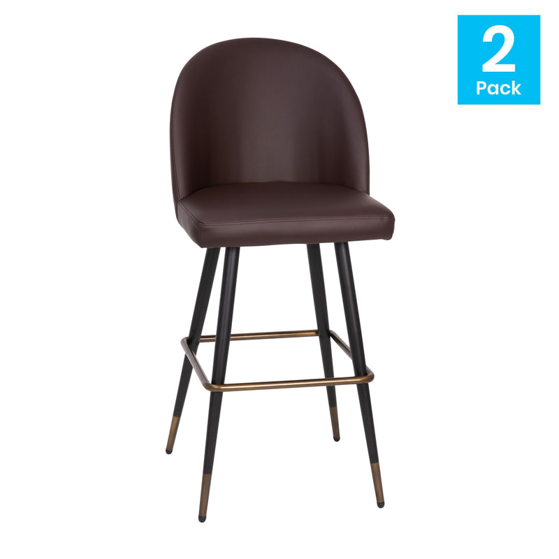 Teague Set of 2 Modern Armless Barstools with Contoured Backs, Steel Frames, and Integrated Footrests in Brown Faux Leather