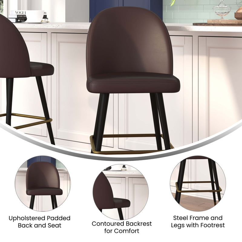 Teague Set of 2 Modern Armless Barstools with Contoured Backs, Steel Frames, and Integrated Footrests in Brown Faux Leather