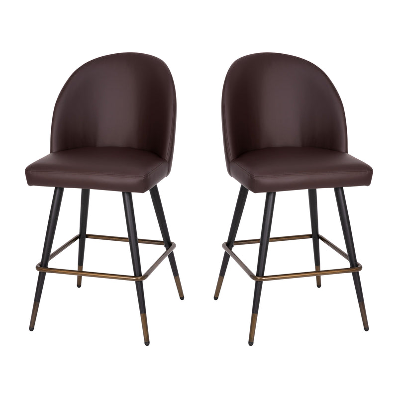 Teague Set of 2 Modern Armless Counter Stools with Contoured Backs, Steel Frames, and Integrated Footrests in Brown Faux Leather