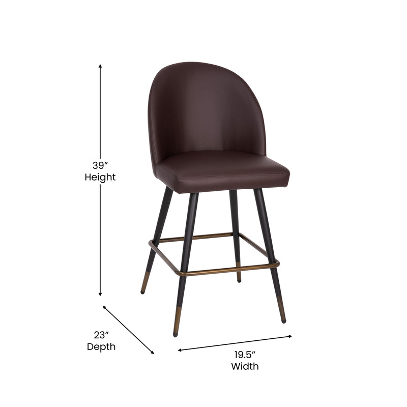 Teague Set of 2 Modern Armless Counter Stools with Contoured Backs, Steel Frames, and Integrated Footrests in Brown Faux Leather