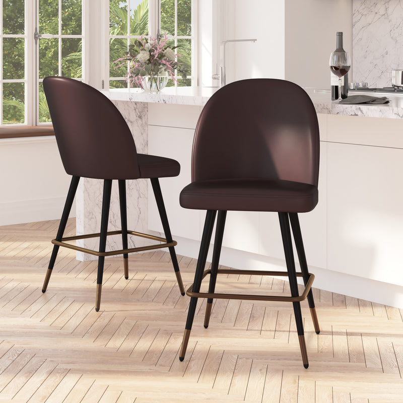 Teague Set of 2 Modern Armless Counter Stools with Contoured Backs, Steel Frames, and Integrated Footrests in Brown Faux Leather